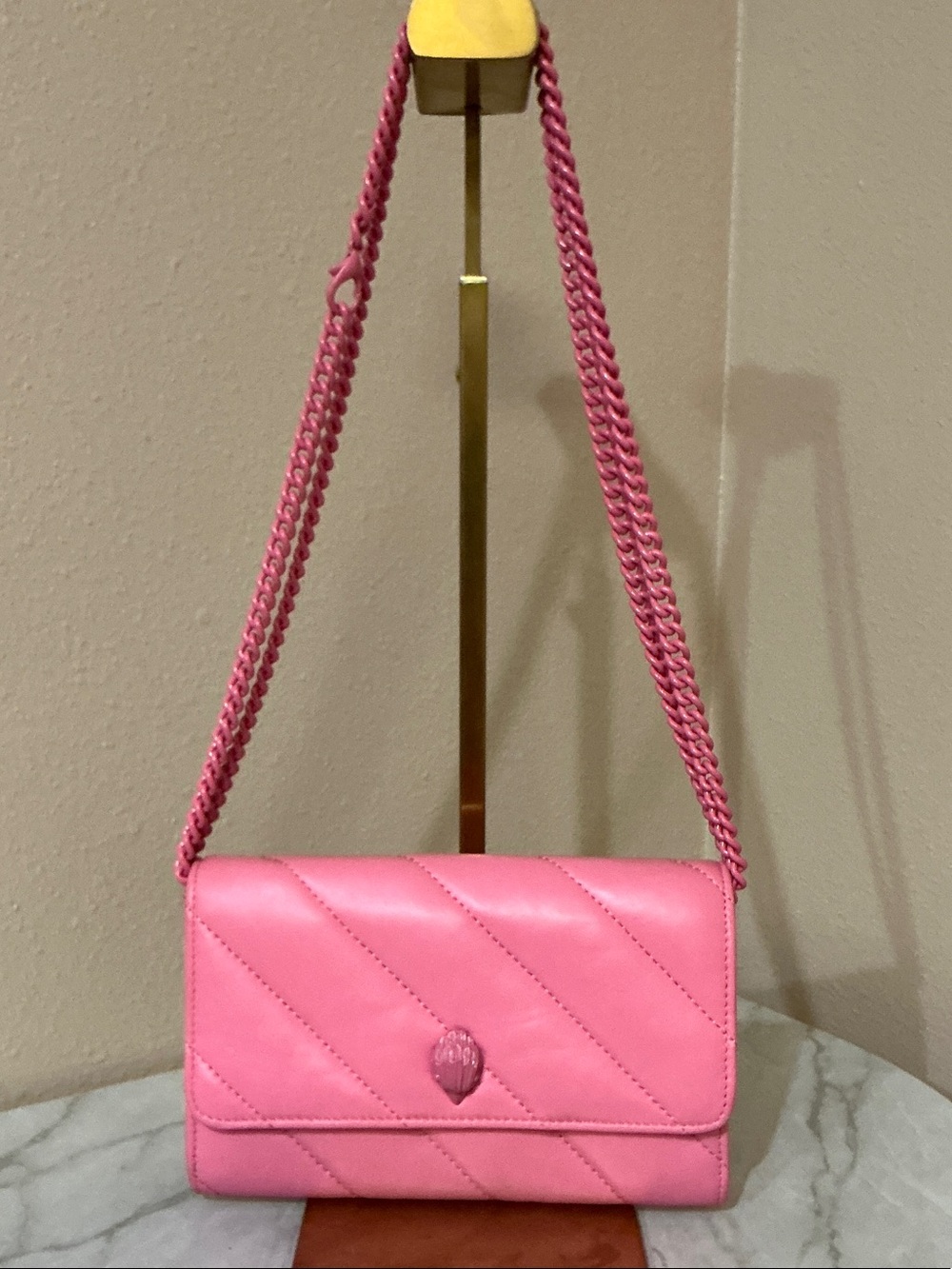 Kurt Geiger London Soho Drench leather wallet on a chain quilted vibrant pink 🤩